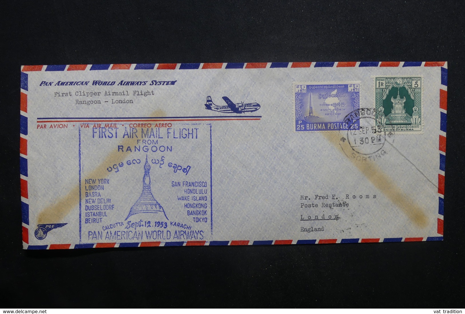 BIRMANIE - Enveloppe 1er Vol Rangoon / Londres En 1953, Affranchissement Plaisant - L 37274 - Myanmar (Burma 1948-...)