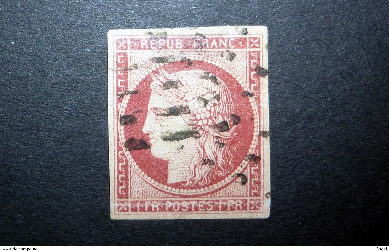 FRANCE 1849 N°6 OBL. (CÉRÈS. IIÈME RÉPUBLIQUE. 1F CARMIN FONCÉ. LÉGENDE REPUB FRANC. NON DENTELÉ) - 1849-1850 Cérès