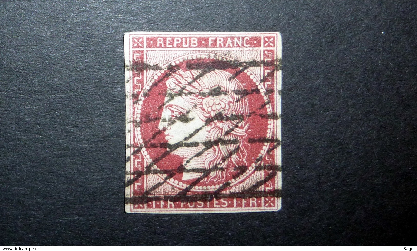 FRANCE 1849 N°6 OBL. GRILLE SANS FIN (CÉRÈS. IIÈME RÉPUBLIQUE. 1F CARMIN FONCÉ. LÉGENDE REPUB FRANC. NON DENTELÉ) - 1849-1850 Cérès