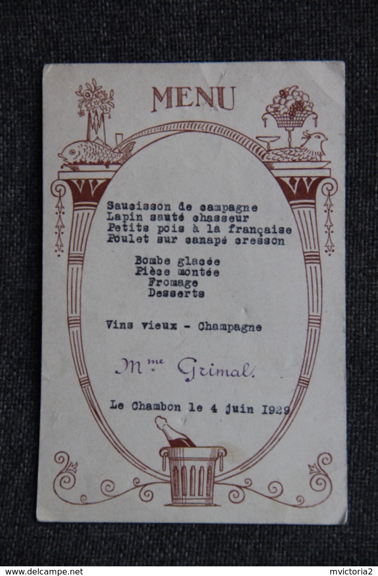 MENU , LE CHAMBON Le 4 Juin 1929. - Menus