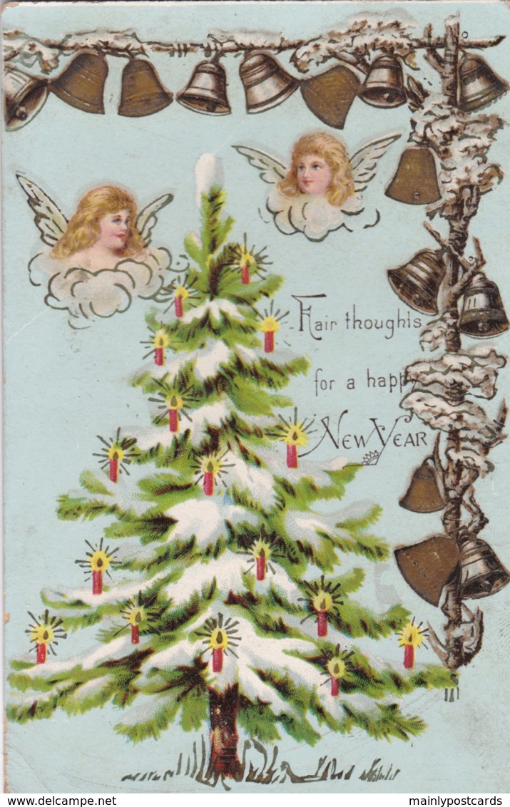 AQ51 Greetings - Fair Thoughts For A Happy New Year - Angles, Bells, Tree - New Year