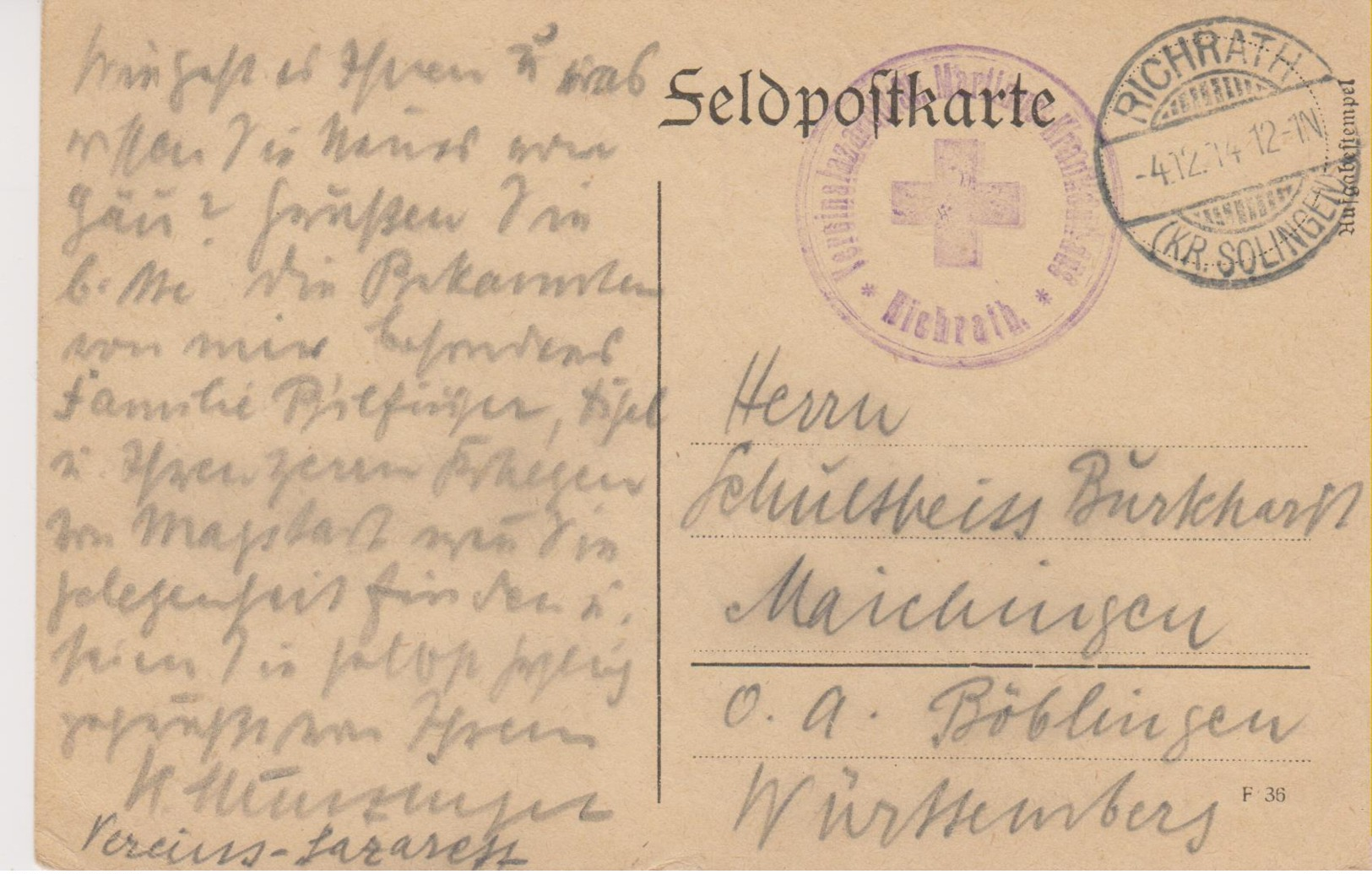 Feldpostkarte Mit Stempel Rotes Kreuz Von Richrath Nach Böblingen - Red Cross