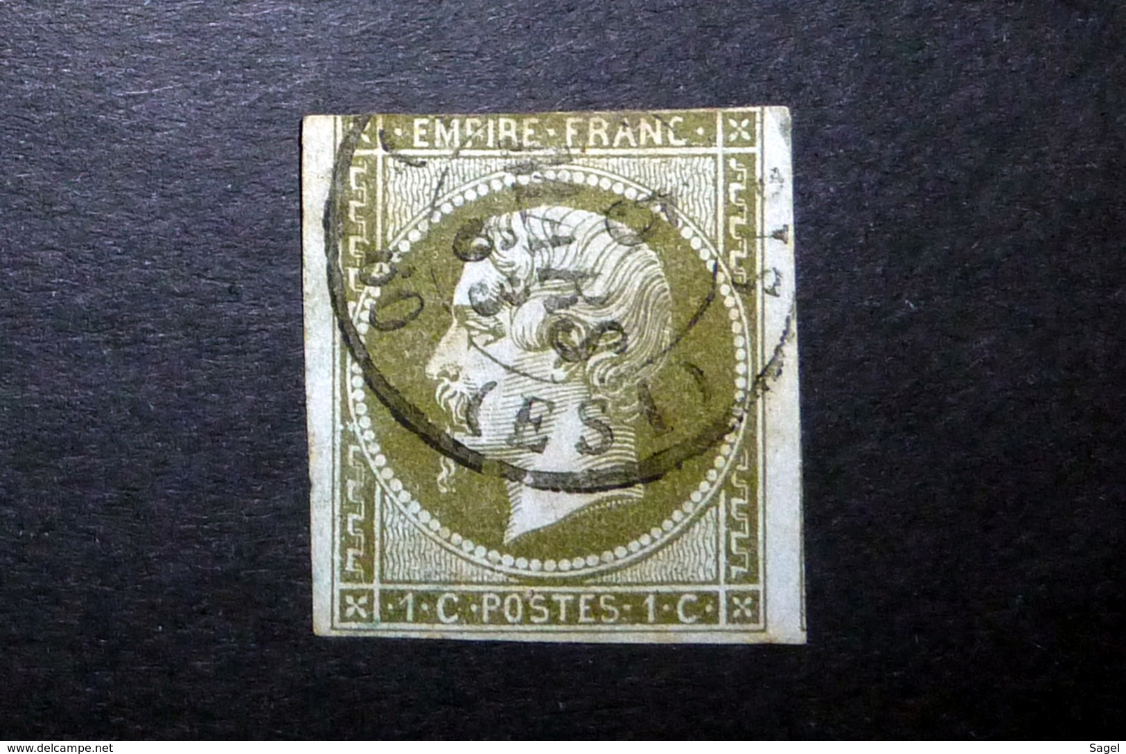 FRANCE 1860 N°11 OBL. (NAPOLÉON III. SECOND EMPIRE. 1C OLIVE SUR AZURÉ. LÉGENDE EMPIRE FRANC. NON DENTELÉ) - 1853-1860 Napoléon III