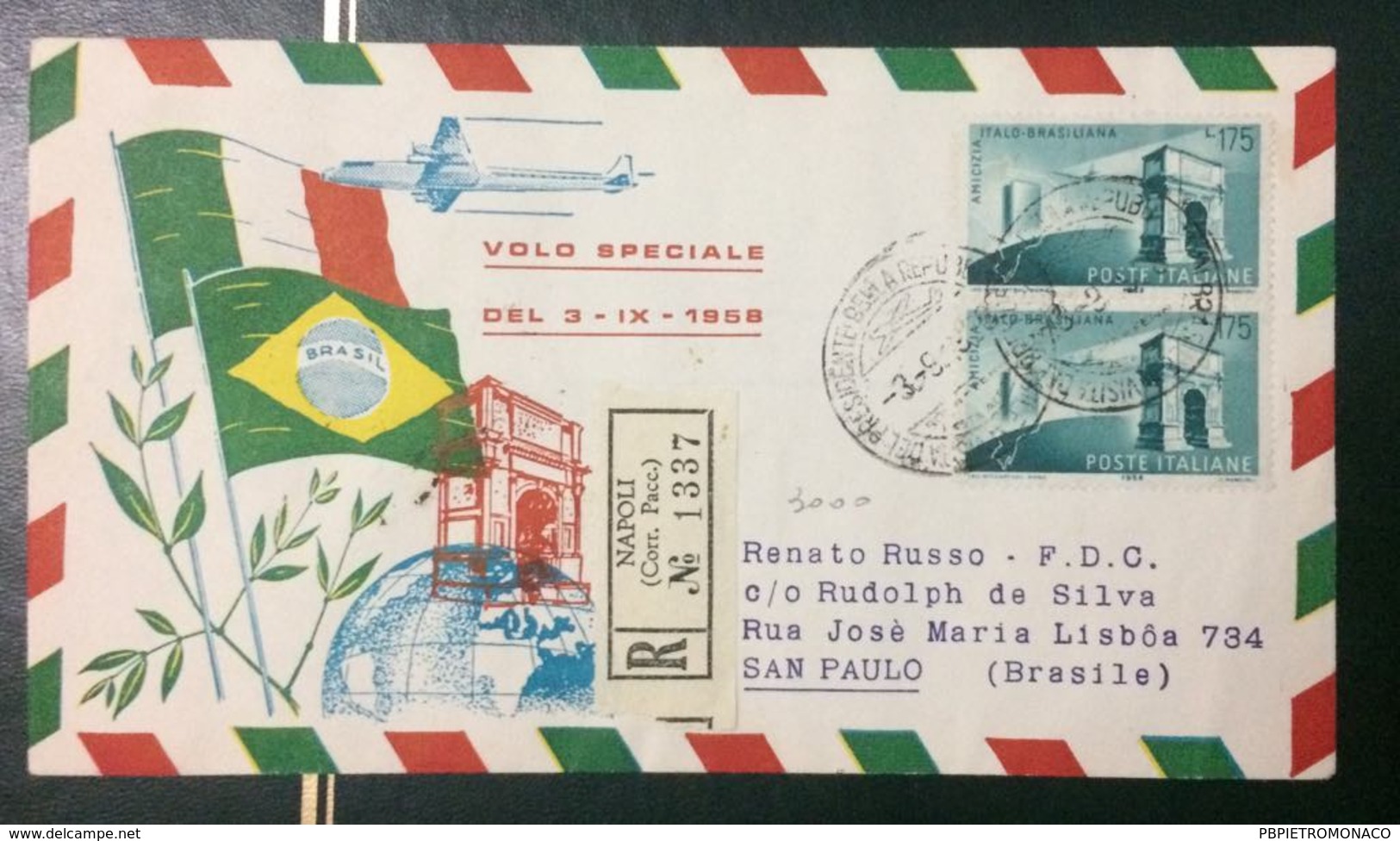 STORIA POSTALE - 1958 REPUBBLICA L.175 VOLO VISITA PRESIDENTE IN BRASILE - 1946-60: Storia Postale