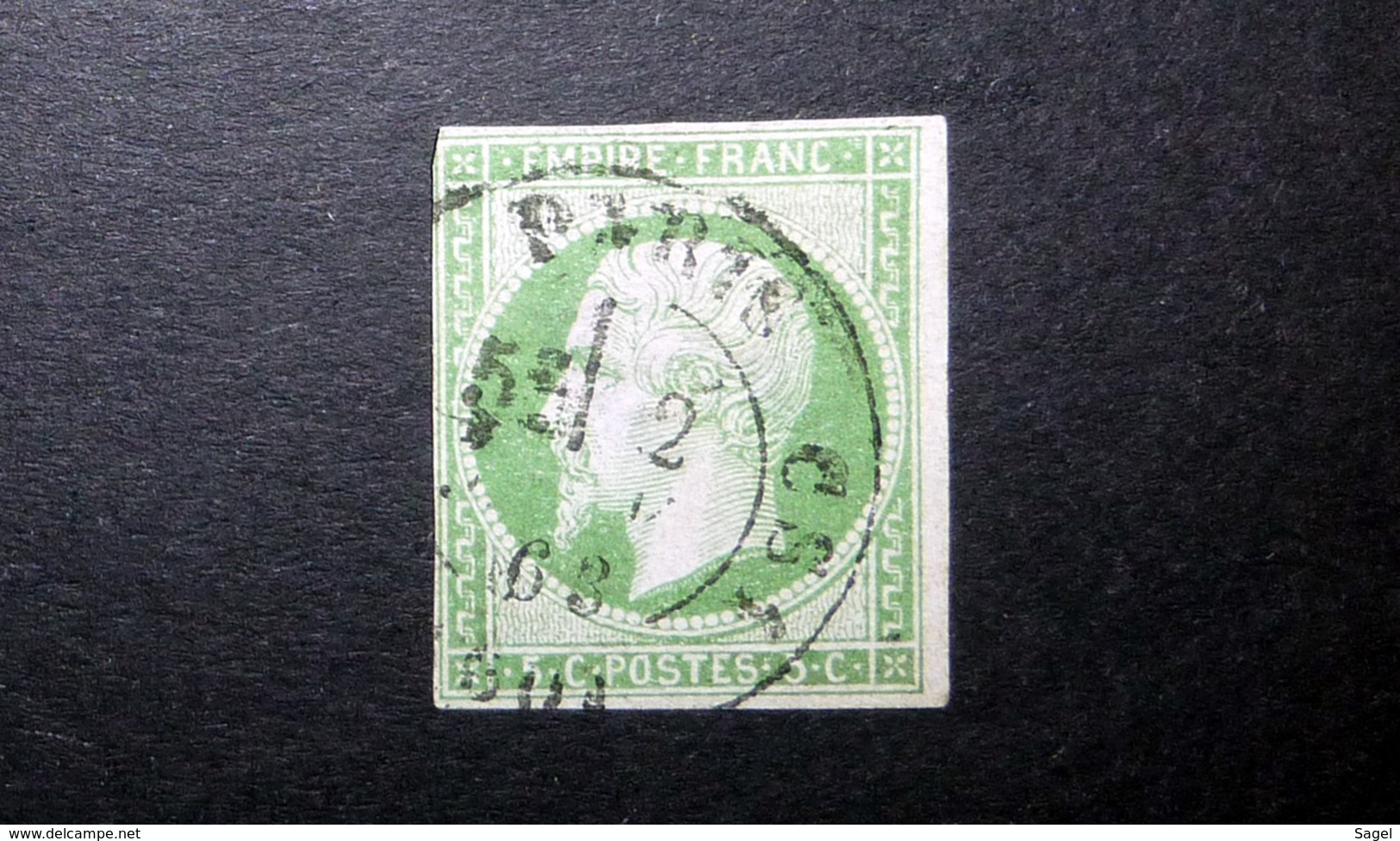 FRANCE 1854 N°12 OBL. (NAPOLÉON III. SECOND EMPIRE. 5C VERT SUR VERDÂTRE. LÉGENDE EMPIRE FRANC. NON DENTELÉ) - 1853-1860 Napoléon III