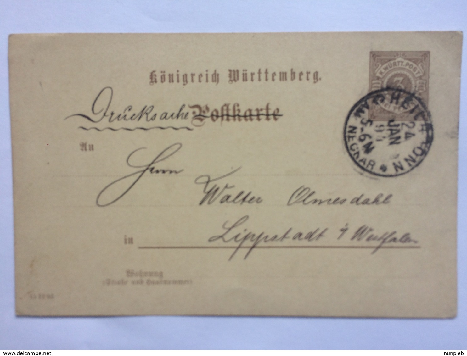 GERMANY Wuirttemberg 1894 Card Heilbronn To Lippstadt - Sonstige & Ohne Zuordnung