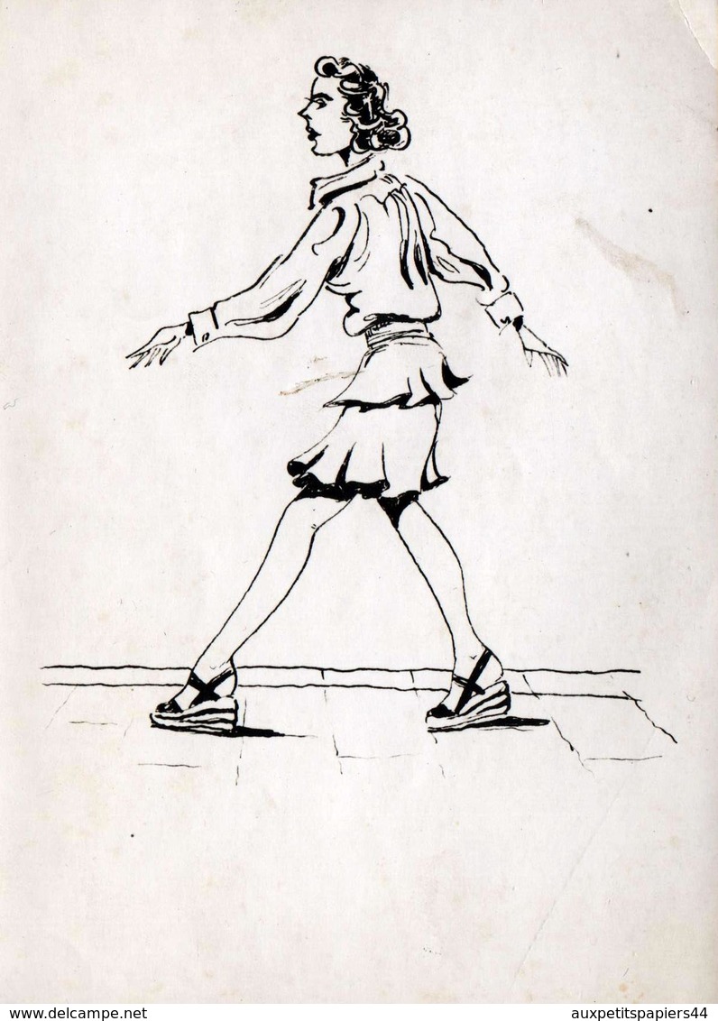 Photo Originale De Dessin Années 1940 - Caricature De Femme Marchant Dans La Rue Comme Sur Des Oeufs - Equilibre - Andere & Zonder Classificatie