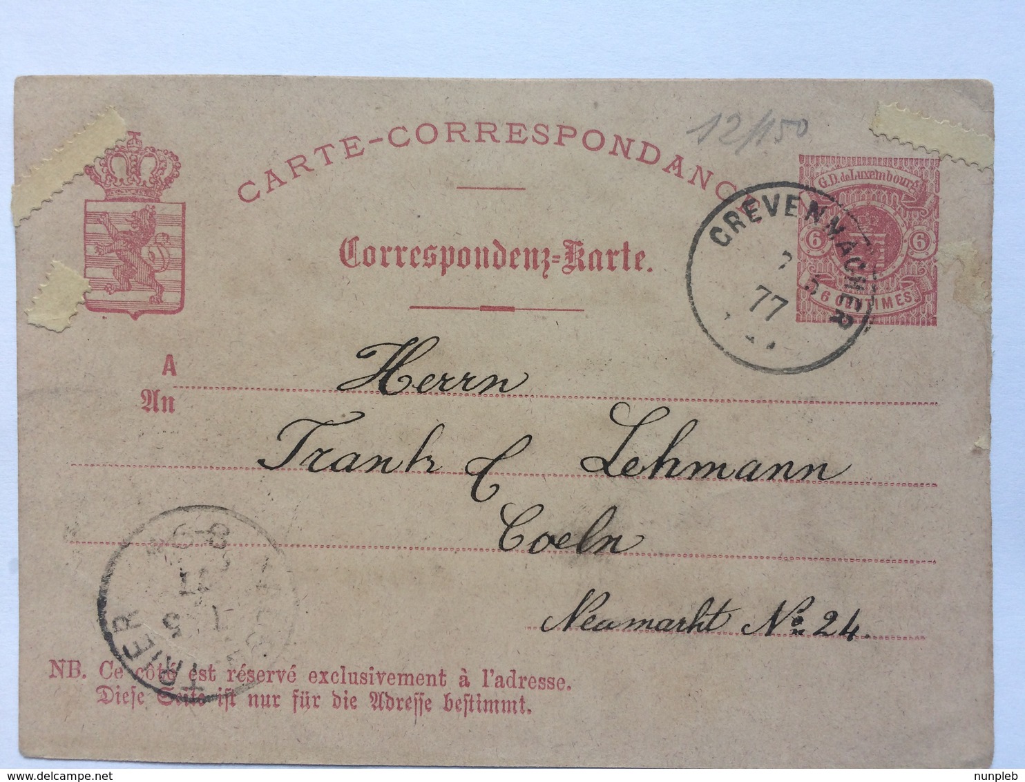 LUXEMBOURG 1877 Postal Stationary Grevenmacher To Coln - 1859-1880 Coat Of Arms