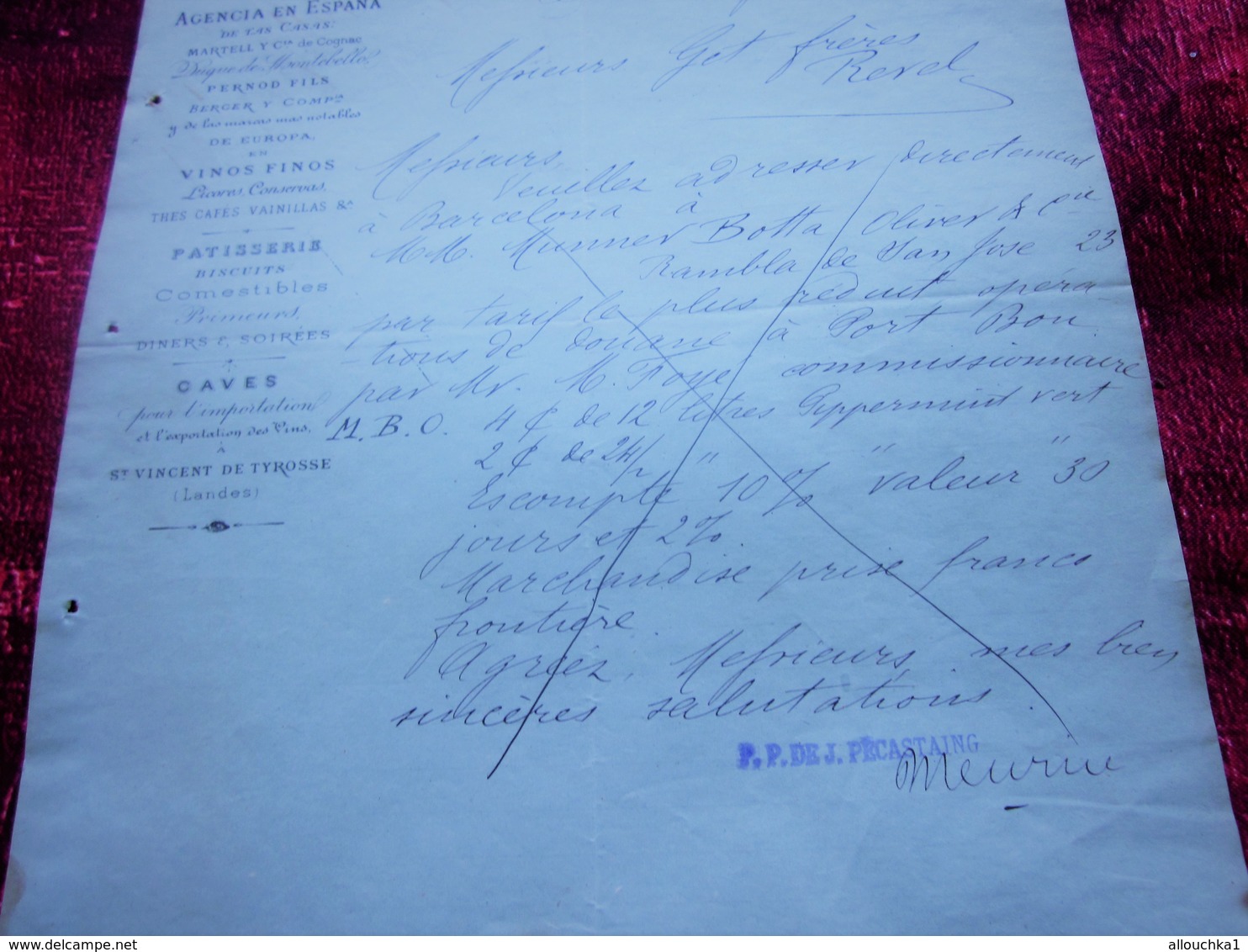 1888 PECASTAING MADRID AGENCIA ESPANA LETTRE FACTURE MANUSCRIT-GET- PEPPERMINT à REVEL ENVOI A BARSELONA Doc Commercial - España