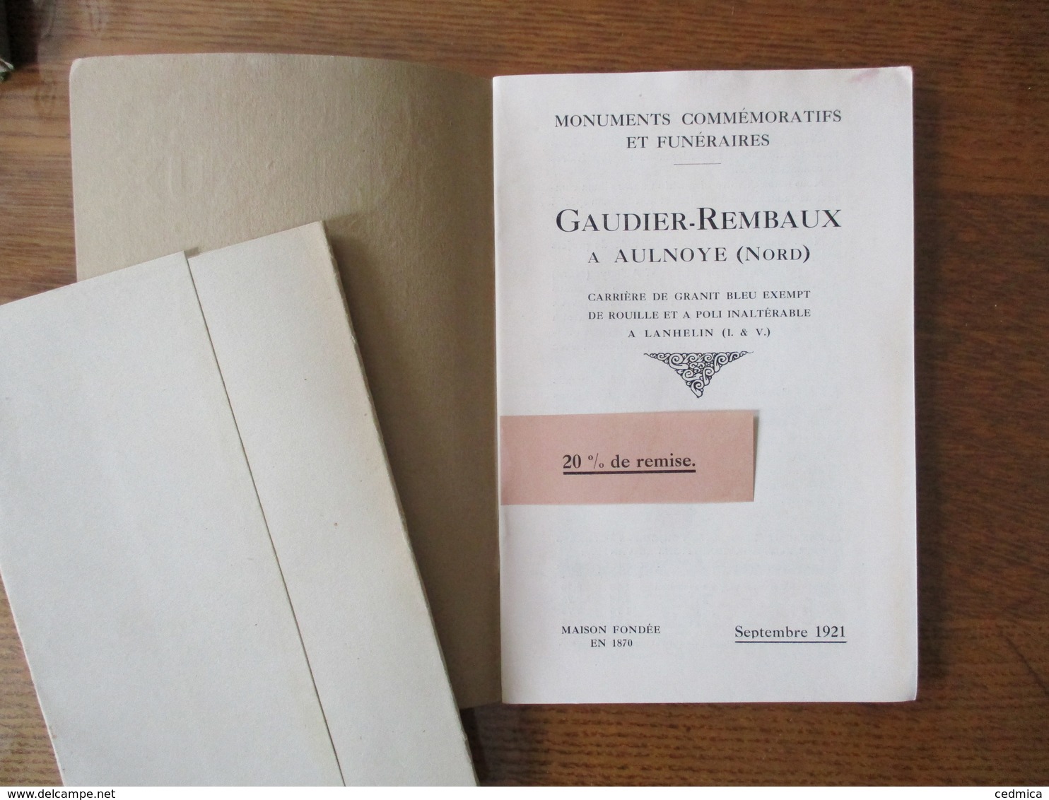 AULNOYE NORD GAUDIER REMBAUX MONUMENTS FUNERAIRES ET COMMEMORATIFS CATALOGUE SEPTEMBRE 1921 - Advertising