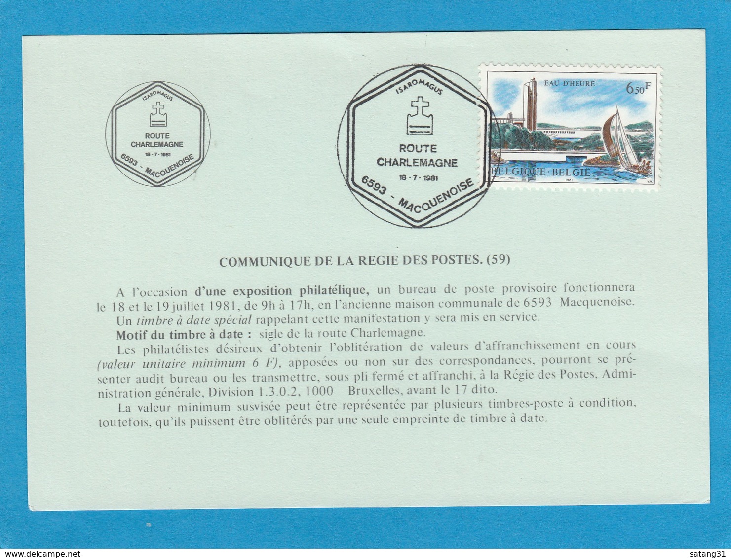 COMMUNIQUE DE LA RÉGIE DES POSTES(59).CACHET "ROUTE CHARLEMAGNE ,6593 MACQUENOISE"". - Lettres & Documents