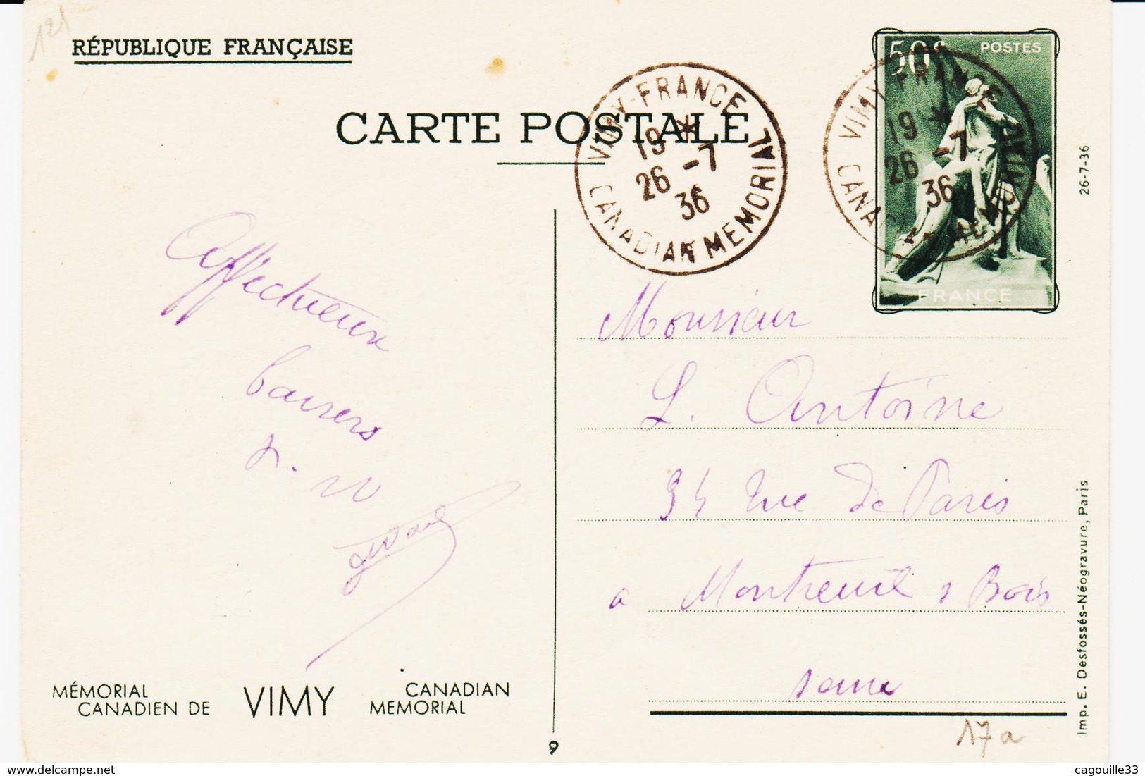 France, De Vimy, Monument Canadien , Entier Postal Oblitéré Du 26 7 36  TB - Cartes Postales Types Et TSC (avant 1995)