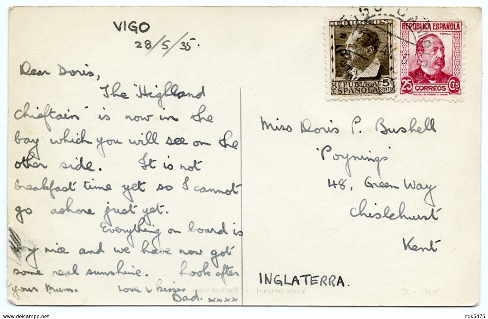 ESPAGNA : VIGO - VISTAL PARCIAL / RUPUBLICA ESPANOLA CORREOS 5 CTS & 25 CTS, 1935 / ADDRESS - CHISLEHURST - Lettres & Documents