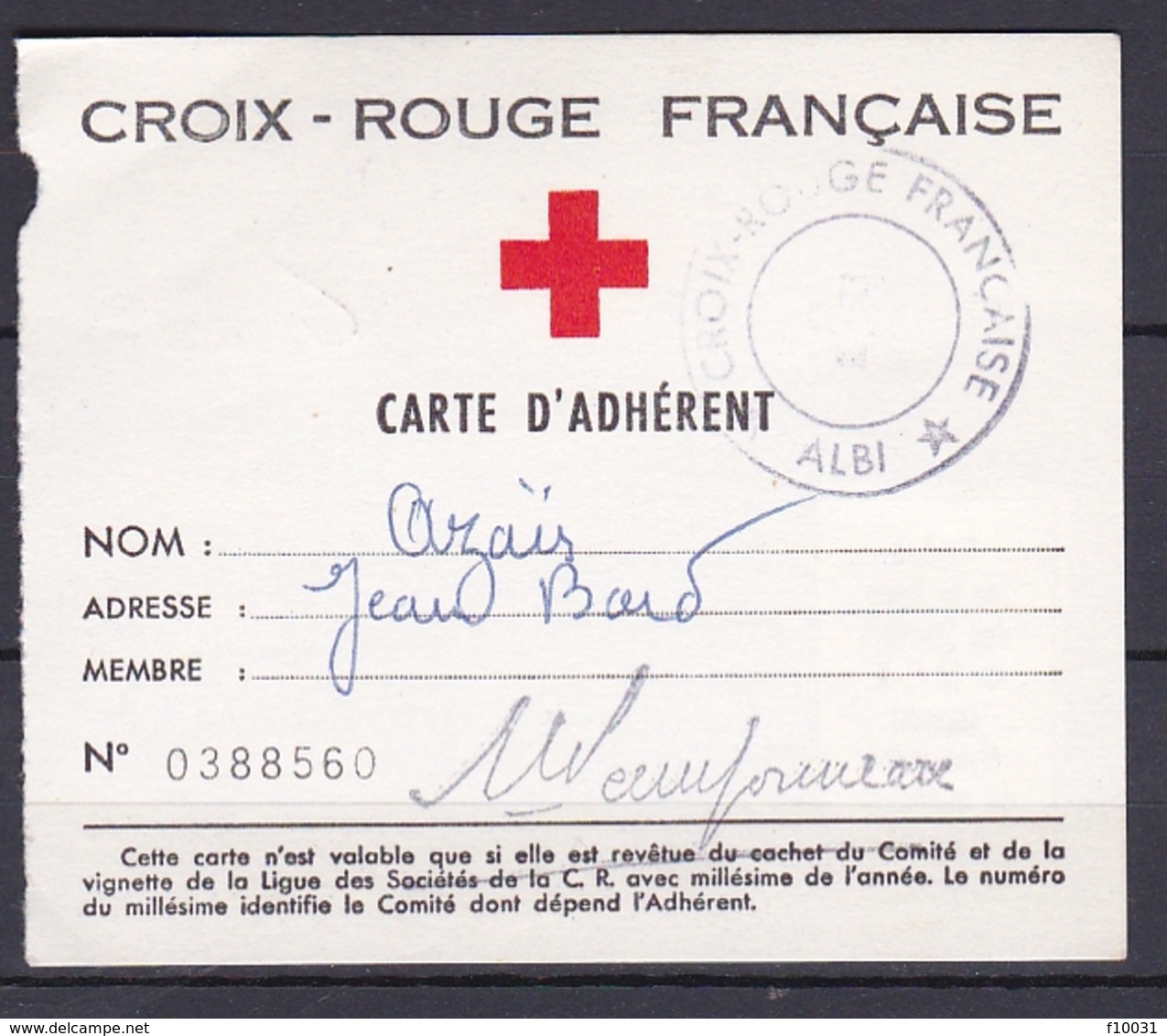 Timbre Erinnophilie  CROIX-ROUGE FRANCAISE Carte D'Adhérent N° 0388560 - Rotes Kreuz