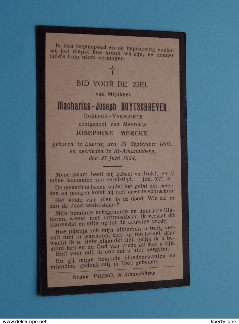 DP Macharius DUYTSCHAEVER ( Merckx ) Laerne 13 Sept 1881 - St. Amandsberg 27 Juni 1924 ( Zie / Voir Photo ) - Todesanzeige