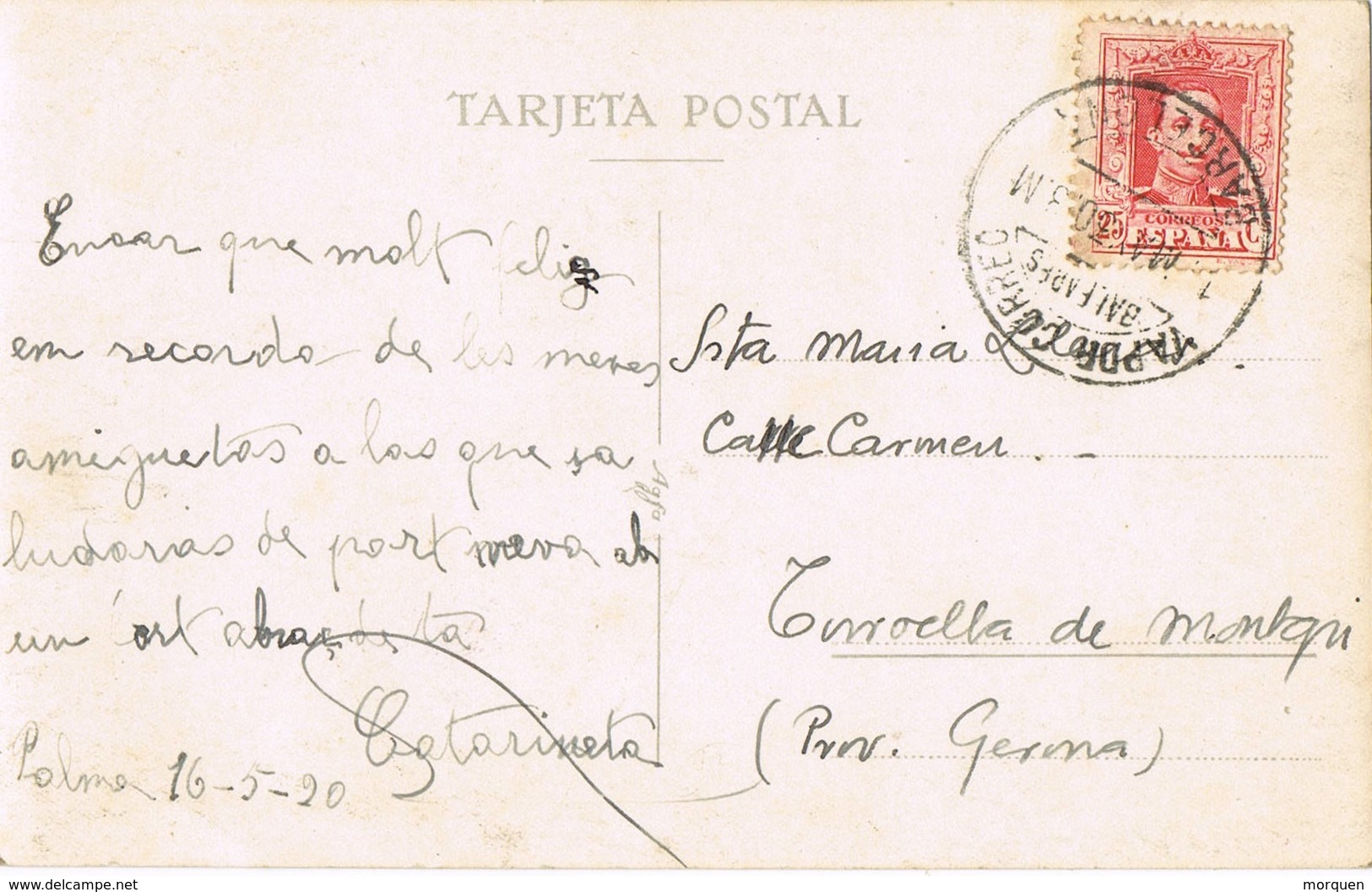 33391. Postal PALMA De MALLORCA 1930. Vapor Correo Baleares - Barcelona - Covers & Documents