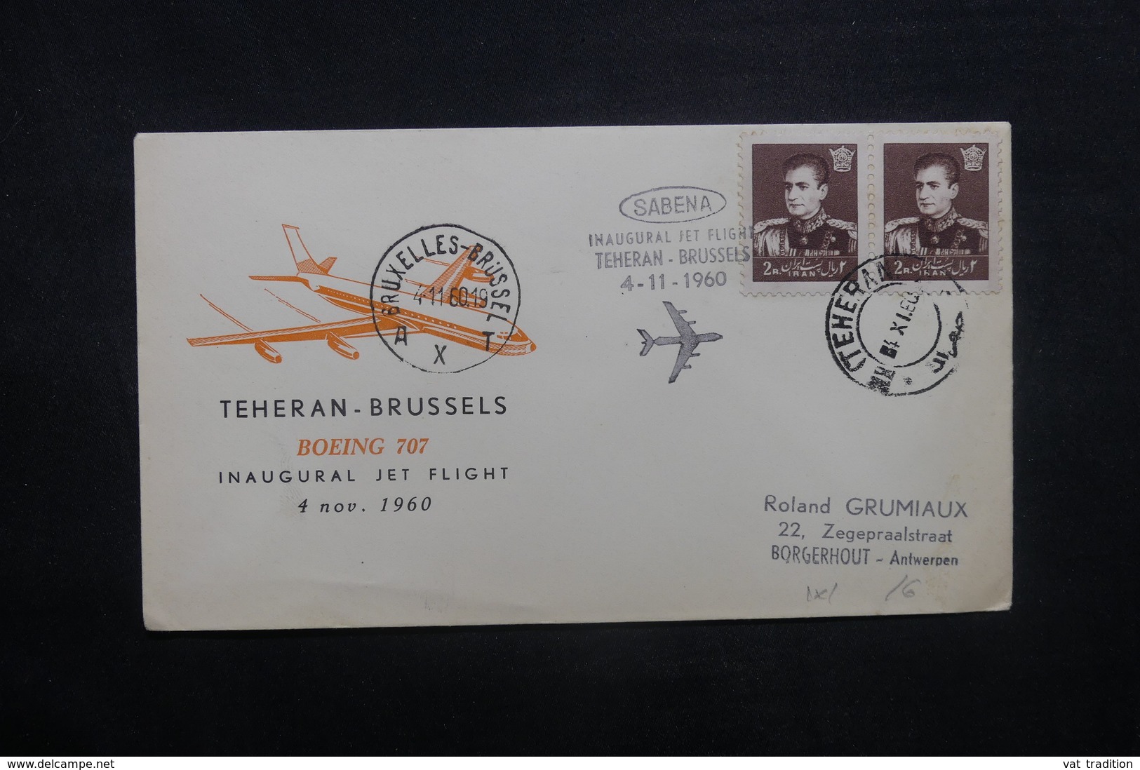 IRAN - Enveloppe 1er Vol Téhéran / Bruxelles En 1960 , Affranchissement Plaisant - L 37380 - Irán