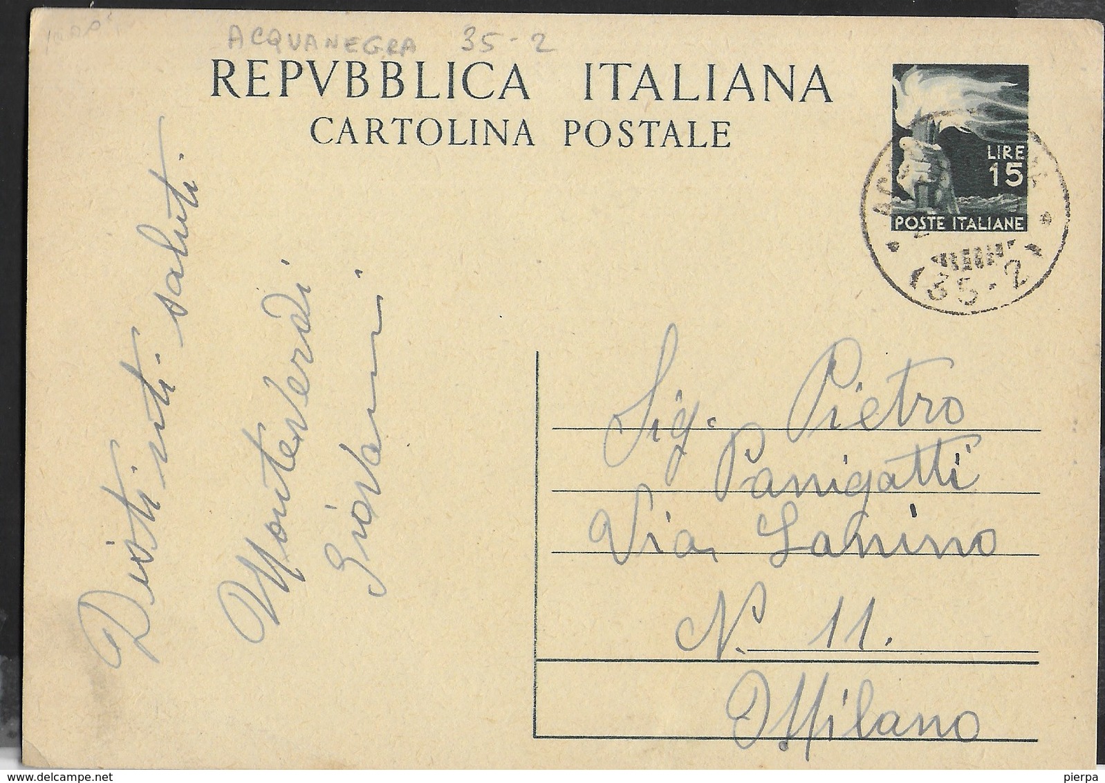 STORIA POSTALE REPUBBLICA - ANNULLO FRAZIONARIO CSLR ACQUANEGRA (32-02) 28.03.1950 SU INTERO DEMOCRATICA LIRE 15 - 1946-60: Poststempel