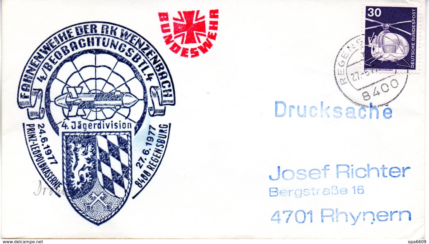(FC-3)BRD Cachetumschlag Bundeswehr"FAHNENWEIHE DER RK WENZENBACH 4.BEOBACHTUNGSBTL." EF Mi 849 TSt 27.6.1977 REGENSBURG - Briefe U. Dokumente