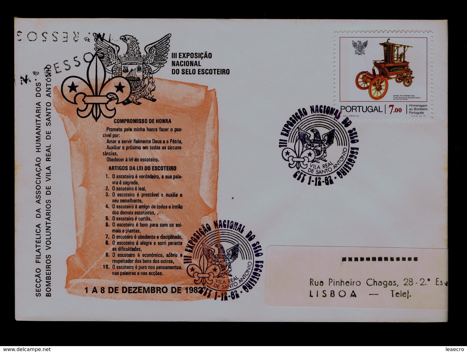 Scouting Law Scoutisme Portugal Vila Real De Santo Antonio Firemen & Scouts Philatelic Exh.(pmk Special ! -cover) Gc3725 - Lettres & Documents