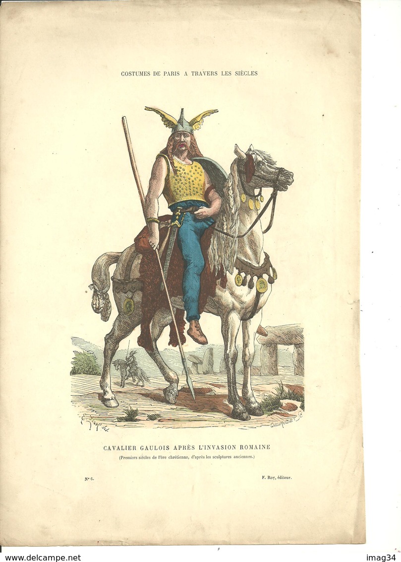 Gravure Ancienne Costumes Cavalier Soldat Militaria Militaire Arme Gaulois Cheval Chevalier - Collezioni