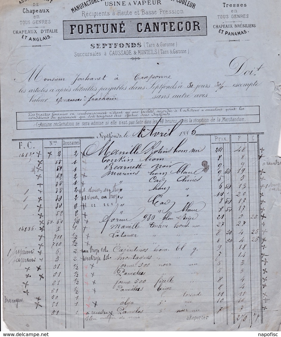 82-F.Cantecor..Manufacture De Chapeaux De Paille & De Rotins....Septfonds....(Tarn & Garonne)...1886 - Textile & Vestimentaire