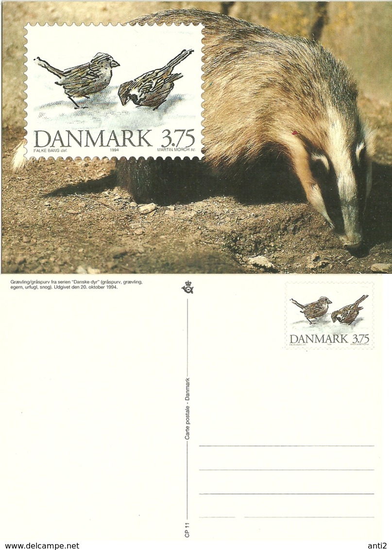 Denmark  1994 Birds House Sparrow (Passer Domesticus) And European Badger (meles Meles) With Imprinted Stamp Unused Card - Covers & Documents