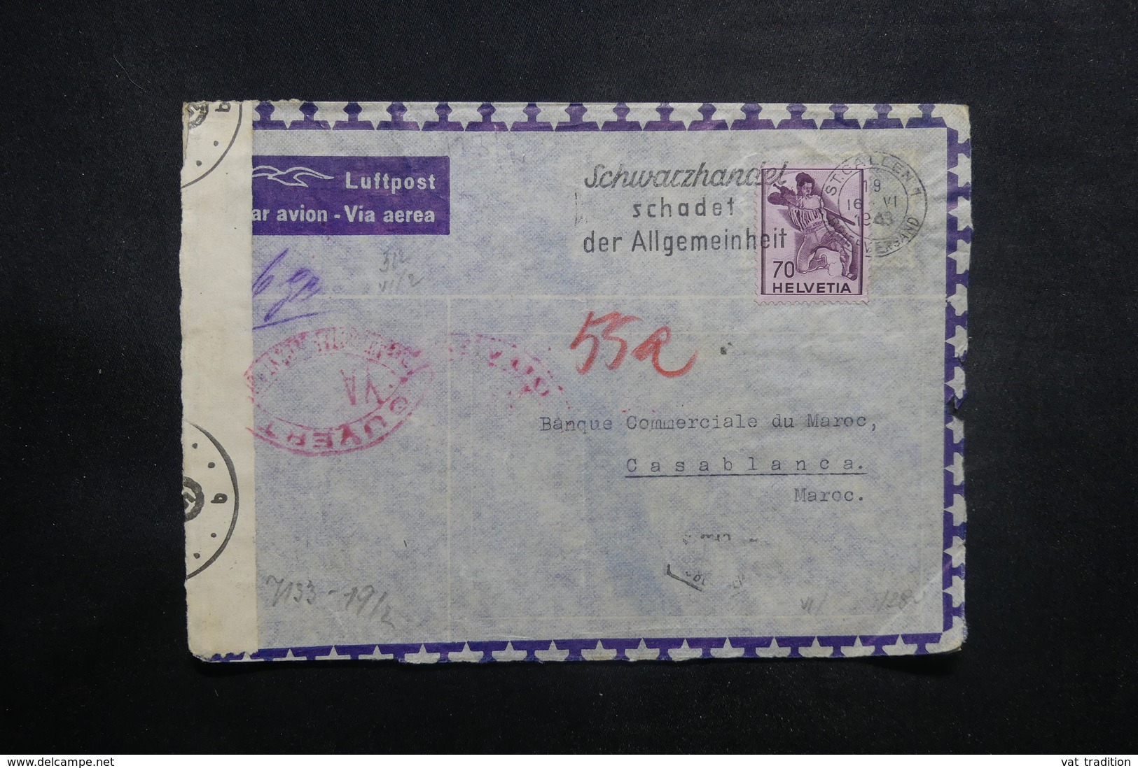 SUISSE - Enveloppe De Saint Gallen Pour Casablanca En 1943 Via Lisbonne Avec Contrôles Postaux - L 37426 - Poststempel