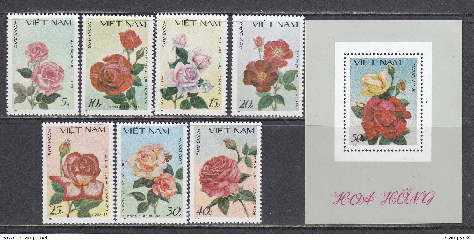 Vietnam 1988 - Roses, Mi-Nr. 1888/94 + Bl. 59, MNH** - Vietnam