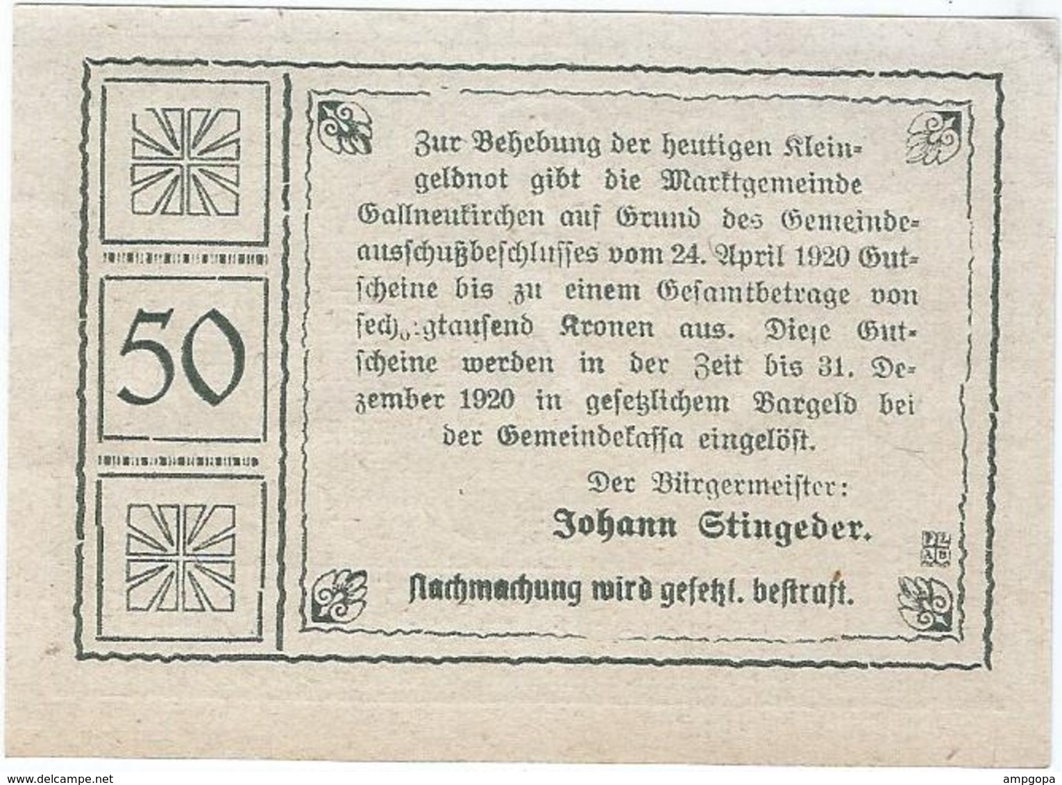 Austria (NOTGELD) 50 Heller Gallneukirchen 24-4-1920 Kon 218 A.3 UNC Ref 3590-1 - Austria