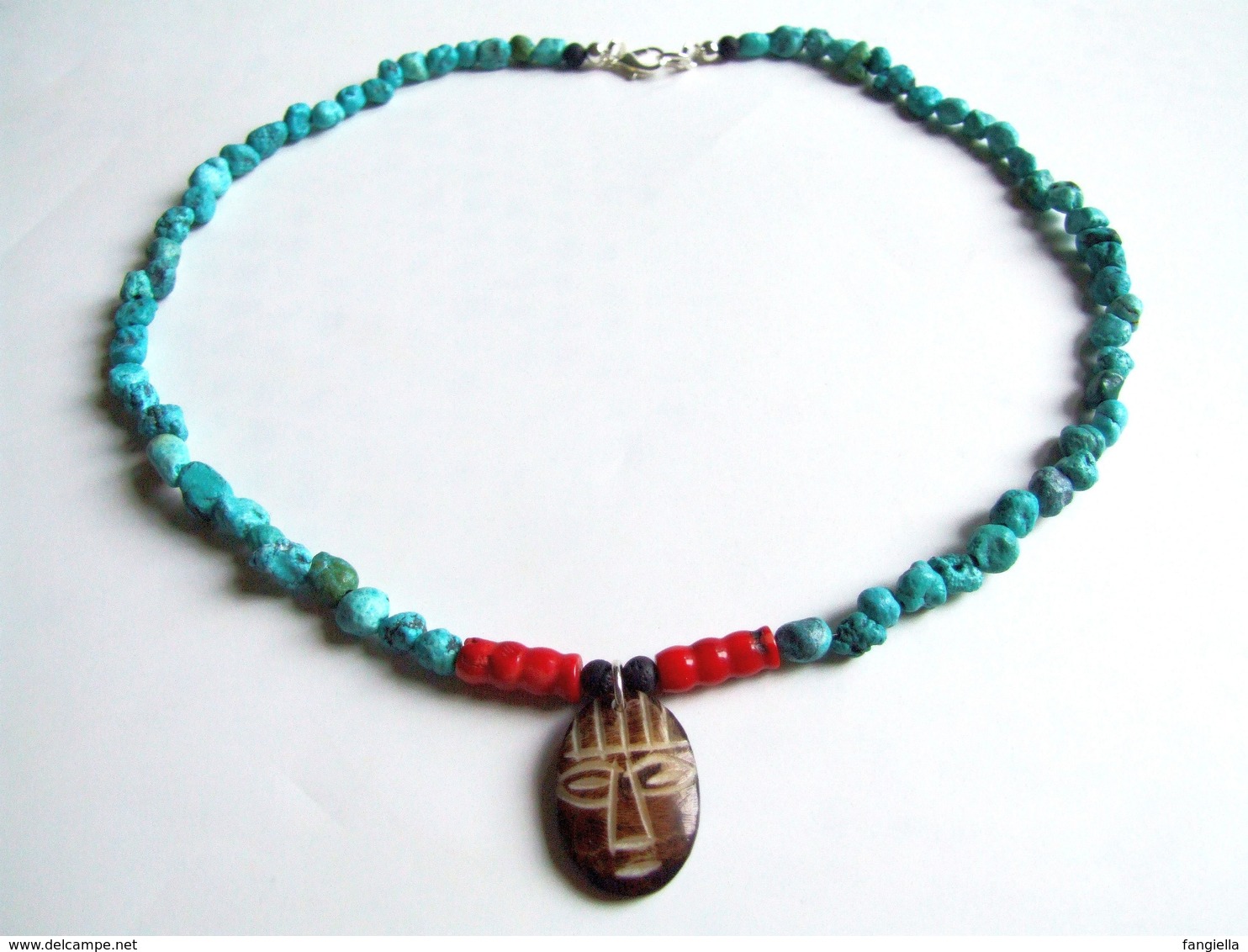 Collier Turquoise, Masque En Corne, Corail Rouge, Lave Noire, Bijou Homme, Collier Surfeur, Bijou Biker, Belle Finition, - Etnica