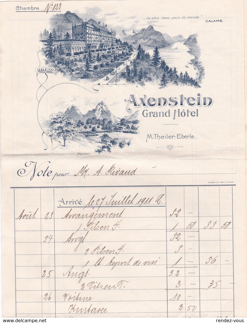 Fattura Comm. -  Grand Hotel  Axenstein  -  Lll. A. Calame  -  Edit. A. Trub  &  C°. , Aarau & Lausanne - Svizzera