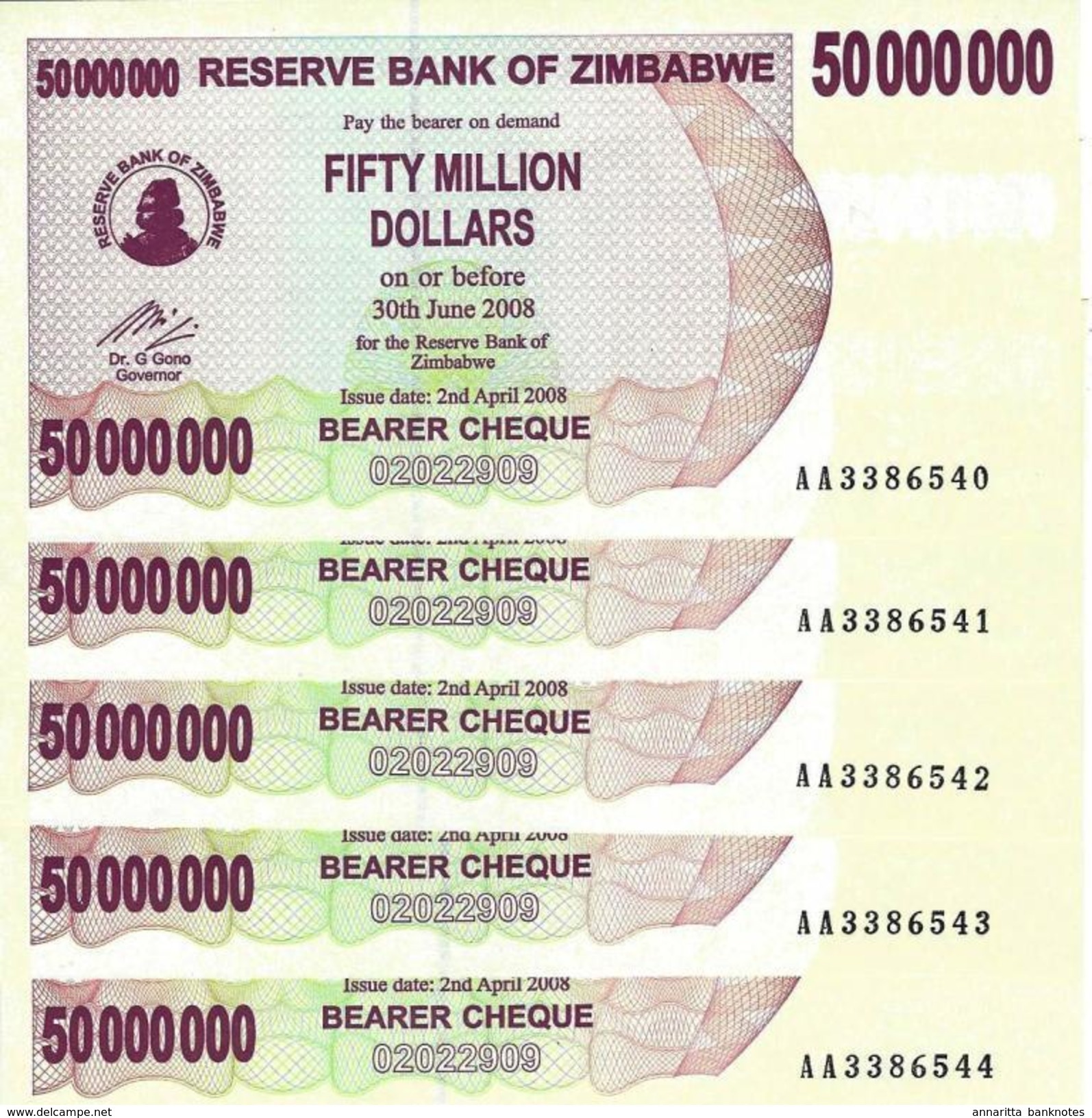 ZIMBABWE 50 MILLION DOLLARS 2008 P-57 UNC [ZW148a] 5 PCS - Simbabwe