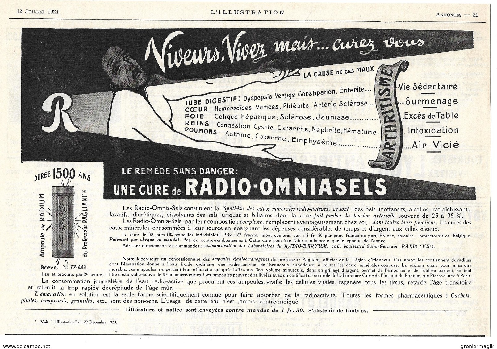 1924 Radio-Omniasels - Ampoule De Radium Du Professeur Pagliani - Laboratoires Du Radio Baryum Bd Saint-Germain Paris - Publicités