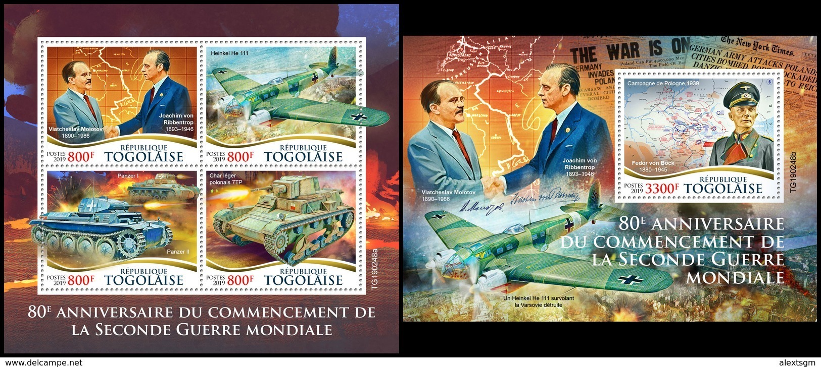 TOGO 2019 - World War II, M/S + S/S. Official Issue - WW2 (II Guerra Mundial)