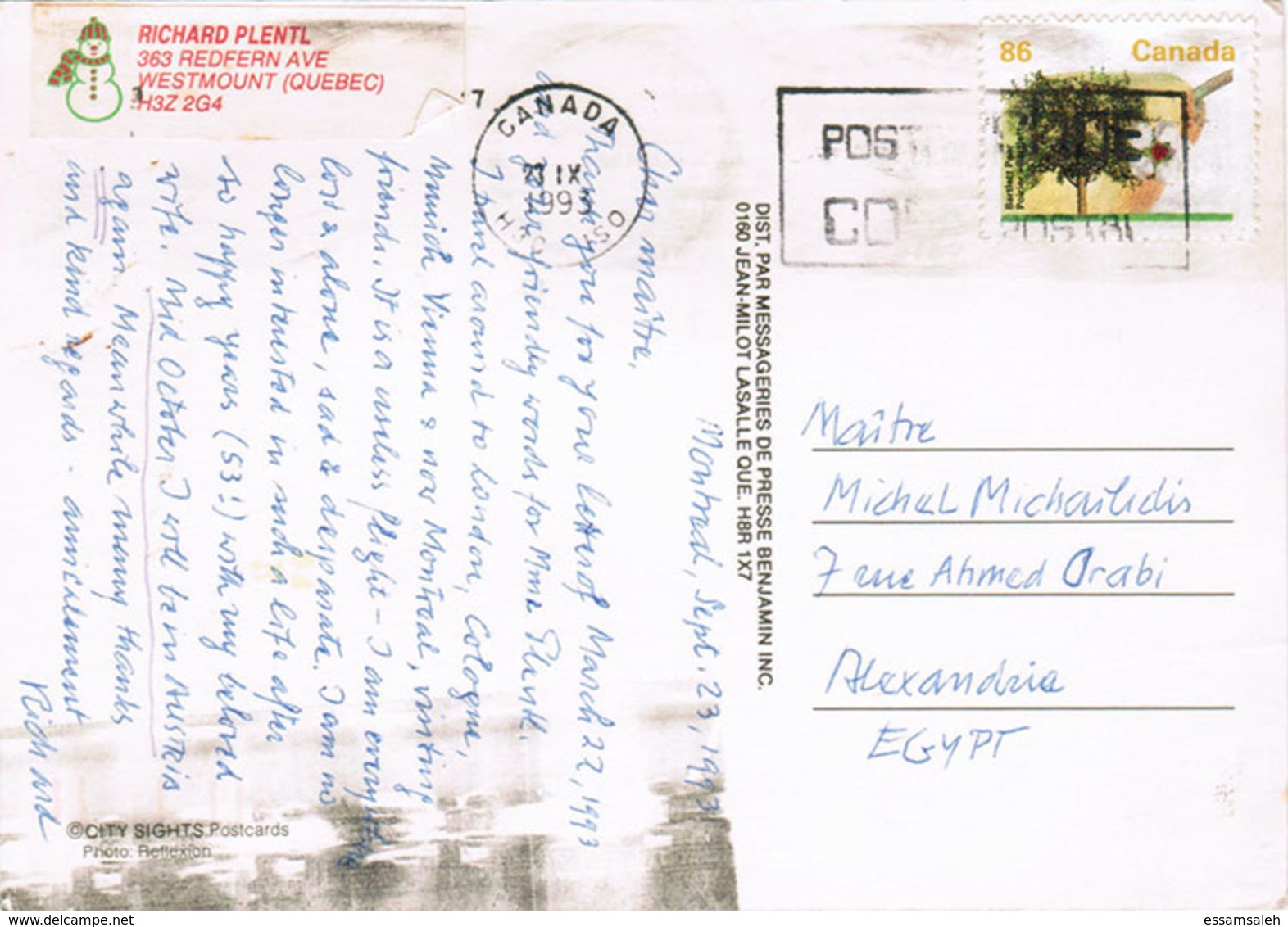 CAS18604 Canada 1993 Postcard Montreal Franking 86c W/ Slogan Addressed Egypt - Covers & Documents