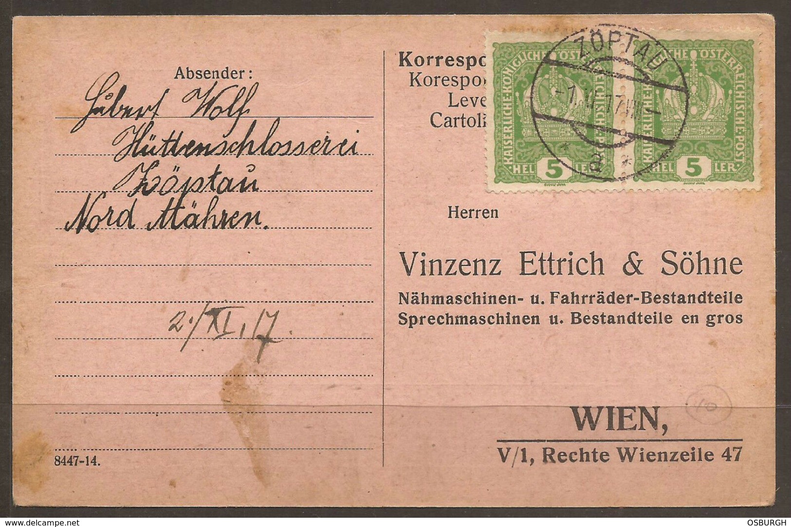 AUSTRIA / CZECH / MORAVIA. 1917. COMMERCIAL CARD FROM ZOPTAU. VINZENZ, ETTRICH & SOHNE – BICYCLE, BIKE AND CAR PARTS & T - Covers & Documents