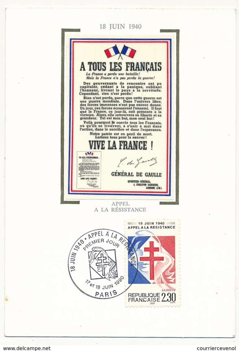 FRANCE => CP => Oblit. "Appel à La Résistance" S/2,30 - Carte Soie - Premier Jour 17/18 Juin 1990 - De Gaulle (Generale)