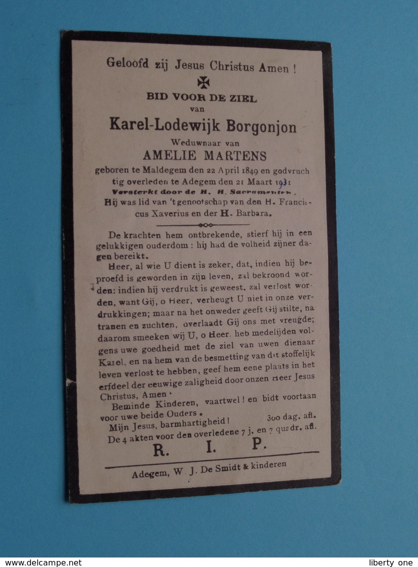 DP Karel BORGONJON ( Martens ) Maldegem 22 April 1849 - Adegem 21 Maart 1931 ( Zie / Voir Photo ) - Décès