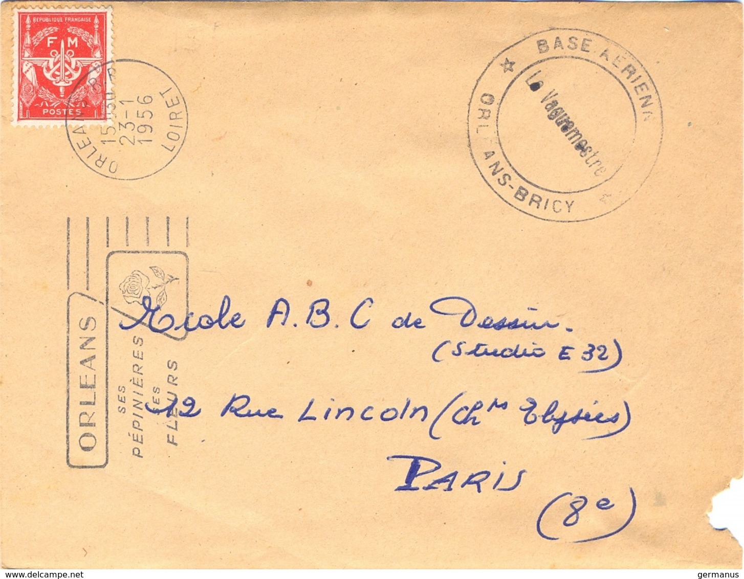 BASE AERIENNE ORLEANS-BRICY  OMec SECAP ORLEANS R.P. LOIRET Du 23-1-1956 - Military Postmarks From 1900 (out Of Wars Periods)