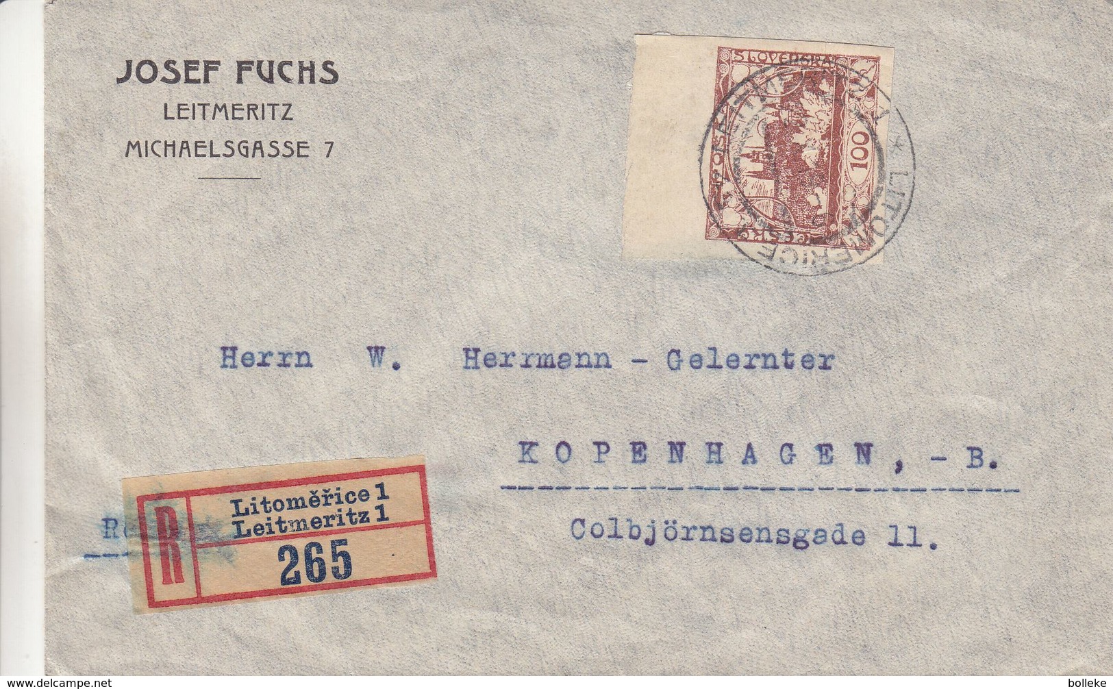 Tchècoslovaquie - Lettre Recom De 1919 - Oblit Leitmeritz - Exp Vers Kopenhagen - Covers & Documents