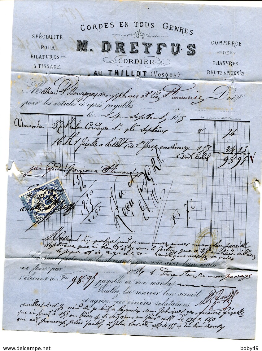 VOSGES De LE THILLOT Facture Du 14/09/1875 Cachet BM +N°54 Oblitéré Par Dateur T 24 De ST MAURICE S MOSELLE - 1849-1876: Période Classique