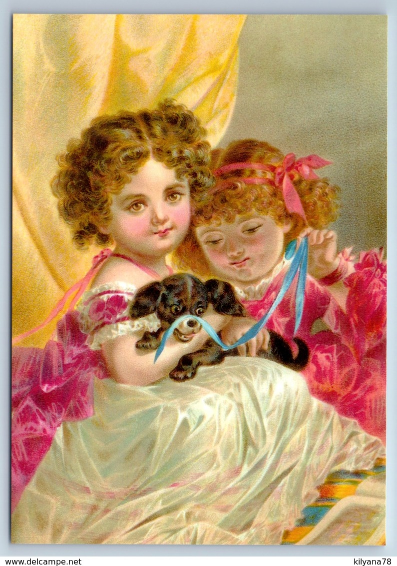 PRETTY LITTLE GIRLS With Lap Dog Friends Old Fashion New Unposted Postcard - Andere & Zonder Classificatie