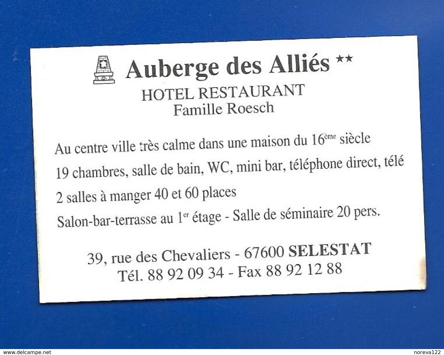 Carte De Restaurant AUBERGE Des ALLIES SELESTAT 67 - Autres & Non Classés