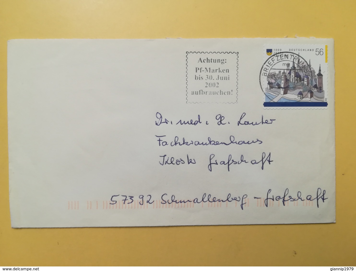 2002 BUSTA GERMANIA DEUTSCHE BOLLOBAU ZEN ANNULLO BRIEFZENTRUM 57 ETICHETTA GERMANY - Storia Postale