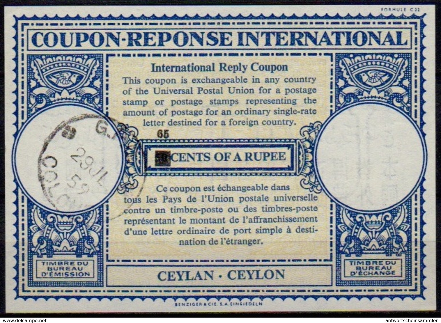 CEYLON / SRI LANKA Lo16n  HS. 65 / 50 CENTS  International Reply Coupon Reponse IAS IRC Antwortschein  o COLOMBO 29.7.59 - Sri Lanka (Ceylan) (1948-...)