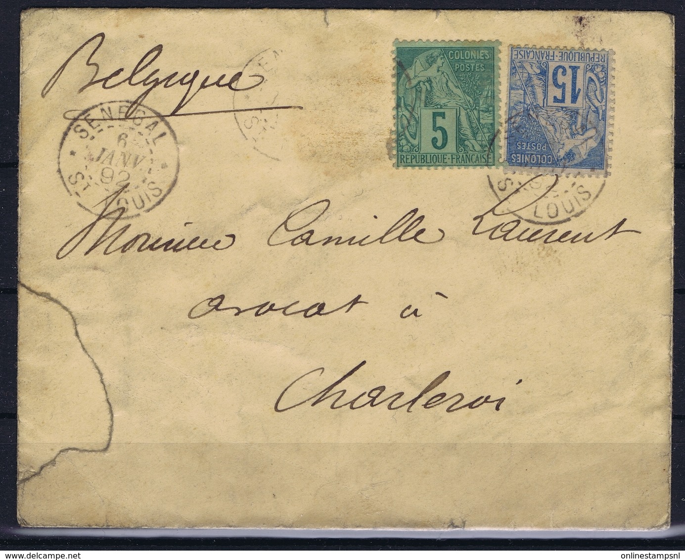 Colonies Gen. Yv 49 + 51 Cover Poste Militaire  CDS St Louis  1 Stamp Removed To Charleroi Belgium - Alphée Dubois