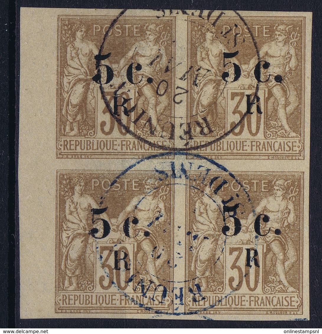 Reunion Yv Nr 7 Cachet Noir Et Bleu Block De 4 - Oblitérés