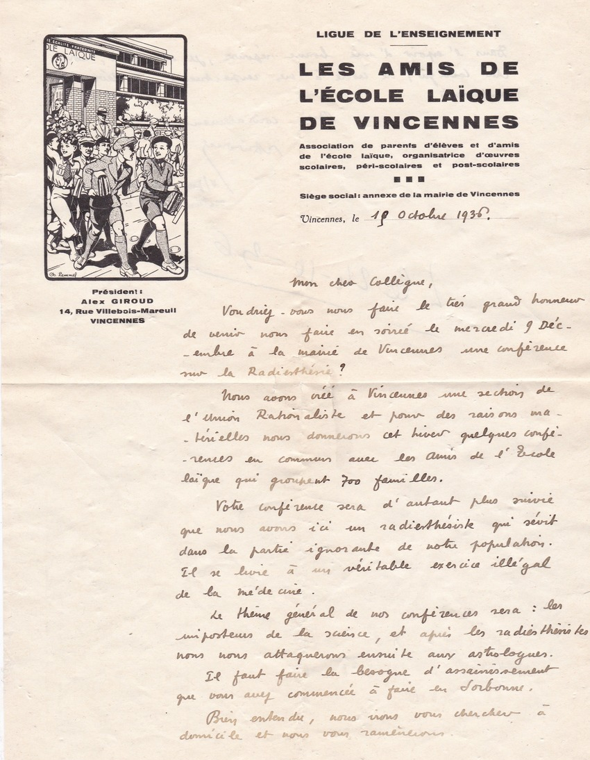94   VINCENNES  :  LETTRE  "  LES  AMIS  DE  L' ECOLE  LAIQUE  "  -  1936   - - Unclassified