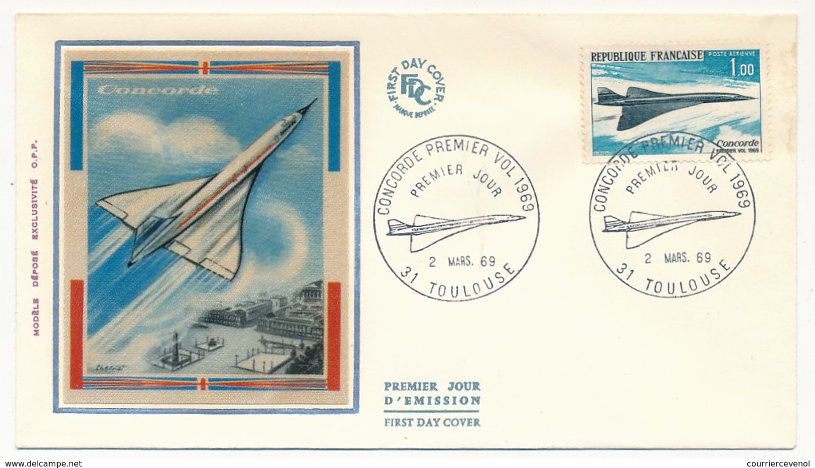 FRANCE - Enveloppe FDC Soie - Concorde Premier Vol 1969 - TOULOUSE 2/03/1969 - Concorde